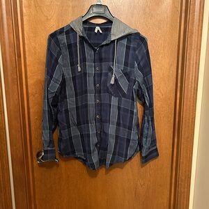 Mudd hooded button up lightweight blue plaid flannel pattern size xl